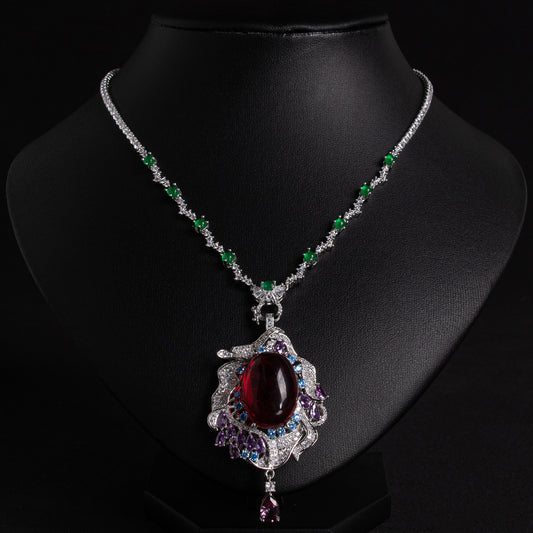 Vintage-Inspired Green Zircon & Purple Gemstone Copper Statement Necklace with Elaborate Pendant