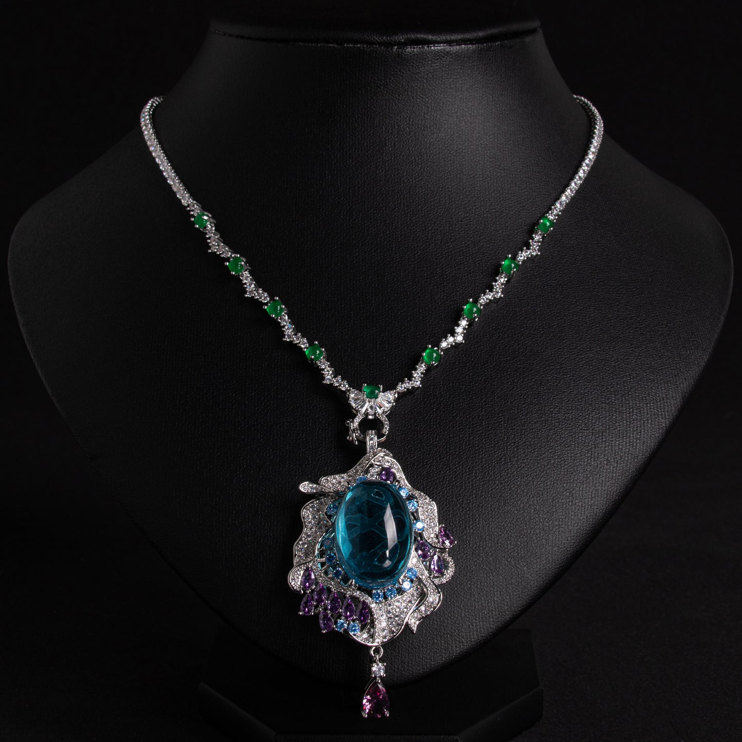 Vintage-Inspired Green Zircon & Purple Gemstone Copper Statement Necklace with Elaborate Pendant