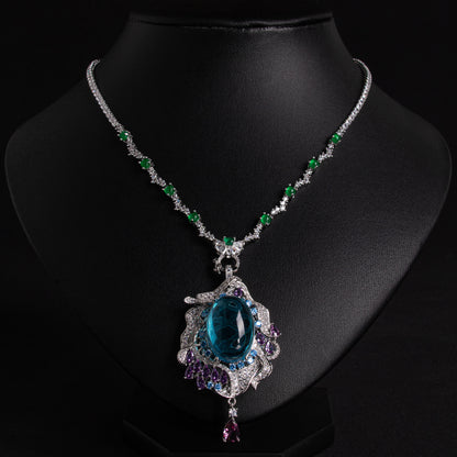 Vintage-Inspired Green Zircon & Purple Gemstone Copper Statement Necklace with Elaborate Pendant