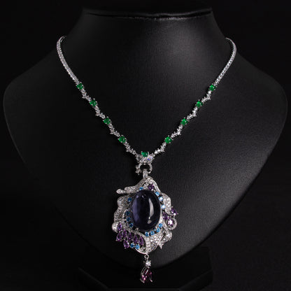 Vintage-Inspired Green Zircon & Purple Gemstone Copper Statement Necklace with Elaborate Pendant