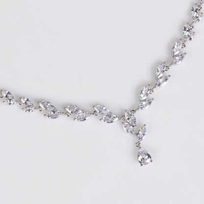 Elegant Rhodium-Plated Copper CZ Necklace & Earring Set with Teardrop Pendant and Floral Chain Detailing