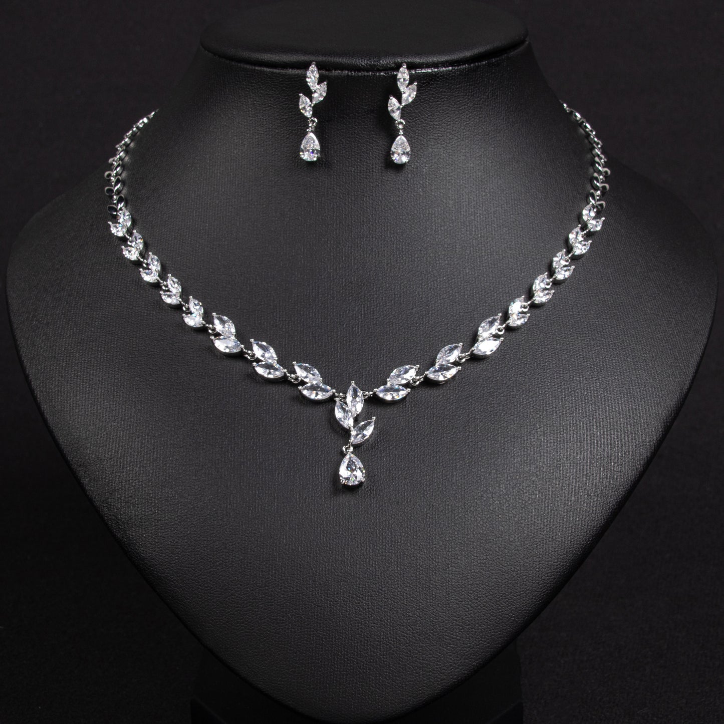Elegant Rhodium-Plated Copper CZ Necklace & Earring Set with Teardrop Pendant and Floral Chain Detailing