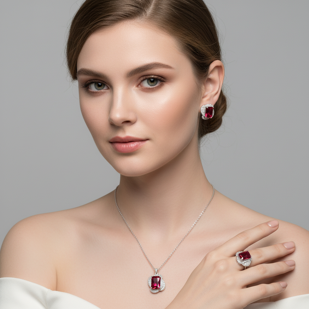 Elegant Rhodium-Plated Copper & CZ Jewelry Set with Emerald Green Gemstones and Micro-Pave Detailing