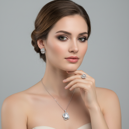 Elegant Rhodium-Plated Copper & CZ Jewelry Set with Emerald Green Gemstones and Micro-Pave Detailing