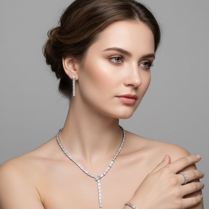 14K Gold-Plated Copper CZ Jewelry Set with Y-Necklace & Matching 4-Piece Collection