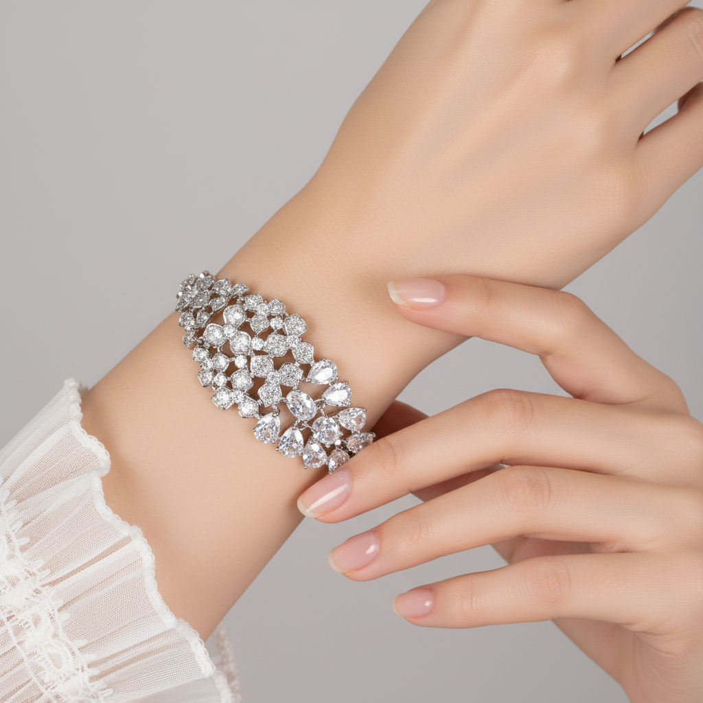 Clustered White Zircon & Teardrop Green Zircon Copper Statement Bracelet
