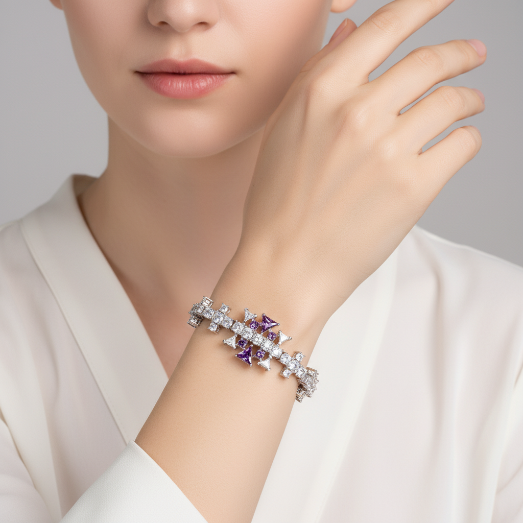 Elegant Floral Copper Bracelet with Pink Zircon Centerpiece & Cubic Zirconia Accents