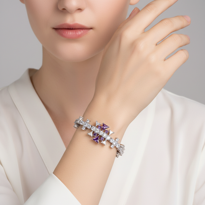Elegant Floral Copper Bracelet with Pink Zircon Centerpiece & Cubic Zirconia Accents