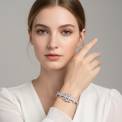 Elegant Floral Copper Bracelet with Pink Zircon Centerpiece & Cubic Zirconia Accents