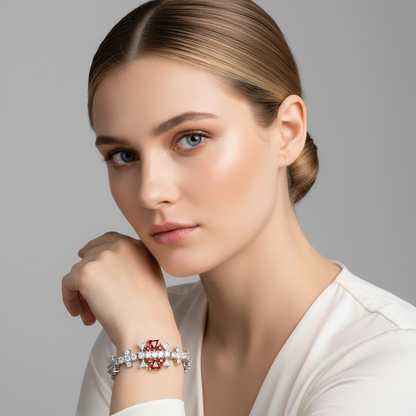 Elegant Floral Copper Bracelet with Pink Zircon Centerpiece & Cubic Zirconia Accents