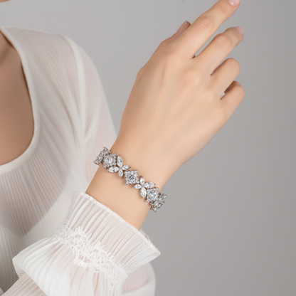 Elegant Rhodium-Plated Copper Bracelet with Green & White Cubic Zirconia Floral Cluster and Secure Clasp