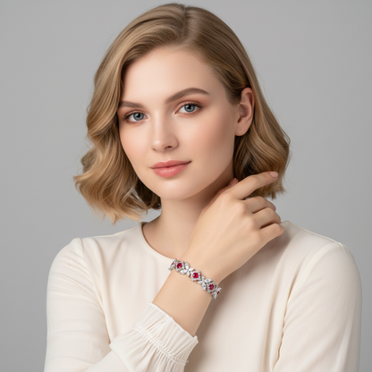 Elegant Rhodium-Plated Copper Bracelet with Green & White Cubic Zirconia Floral Cluster and Secure Clasp