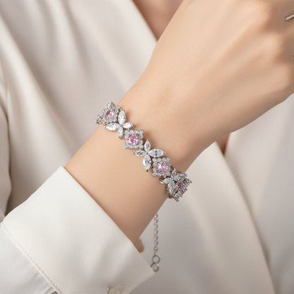 Elegant Rhodium-Plated Copper Bracelet with Green & White Cubic Zirconia Floral Cluster and Secure Clasp