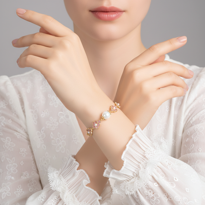 Elegant Pearl & Copper Floral Necklace with Green Zircon Accents and Gold-Tone Chain