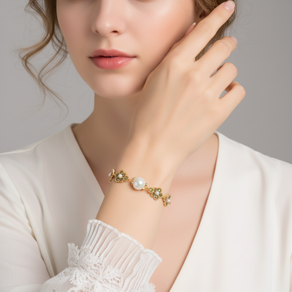 Elegant Pearl & Copper Floral Necklace with Green Zircon Accents and Gold-Tone Chain