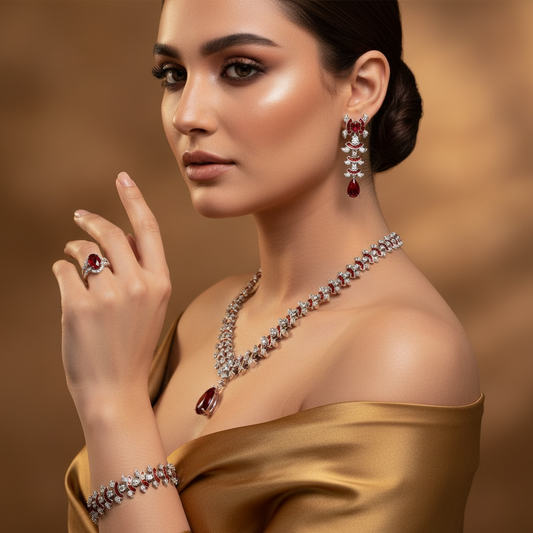 4pcs Copper with Zirconia Earrings & Necklace Jewelry Set