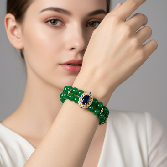 Double-Strand Green Gemstone Bracelet with Ornate Square Zircon Centerpiece & Gold-Tone Copper Clasp