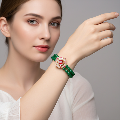 Double-Strand Green Gemstone Bracelet with Ornate Square Zircon Centerpiece & Gold-Tone Copper Clasp for Elegant Occasions & Statement Jewelry Lovers
