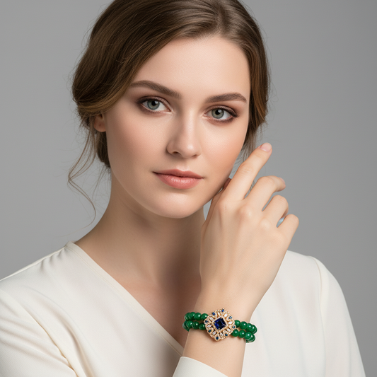 Double-Strand Green Gemstone Bracelet with Ornate Square Zircon Centerpiece & Gold-Tone Copper Clasp for Elegant Occasions & Statement Jewelry Lovers