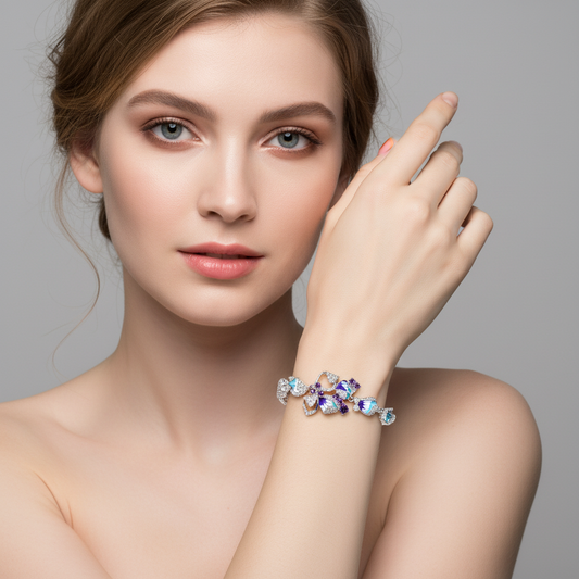 Crystal Floral Copper Bracelet with Pink-Purple Gradient & Diamond-Cut Zircon Halos for Romantic Occasions & Daily Elegant Wear