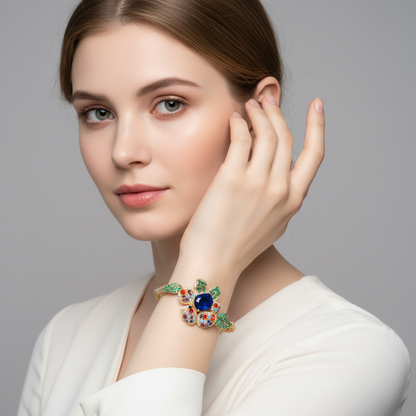 Vibrant Floral Zircon & Copper Bracelet with Multi-Gem Blossom and Leaf Motifs for Bohemian Style & Festive Occasion Wear