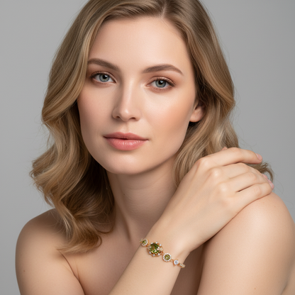 Adjustable 14K Gold-Plated Copper Bracelet with Caramel Zircon Halo & Diamond-Cut Chain