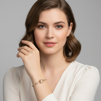 Adjustable 14K Gold-Plated Copper Bracelet with Caramel Zircon Halo & Diamond-Cut Chain