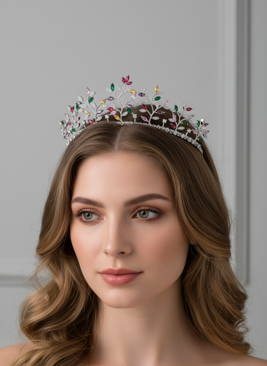 Romantic 14K Gold Plated Copper Tiara with Multicolor Zircon Floral Arrangement for Bridal & Special Events