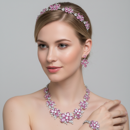 Elegant Rhodium-Plated Copper Floral Jewelry Set with Green Zircon Blossoms and Micro-Pave Crystal Accents