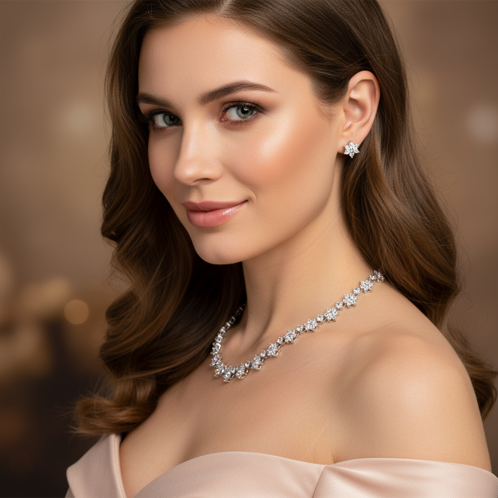 Elegant Rhodium-Plated Copper Floral Jewelry Set with Cubic Zirconia Blooms and Sapphire Accents