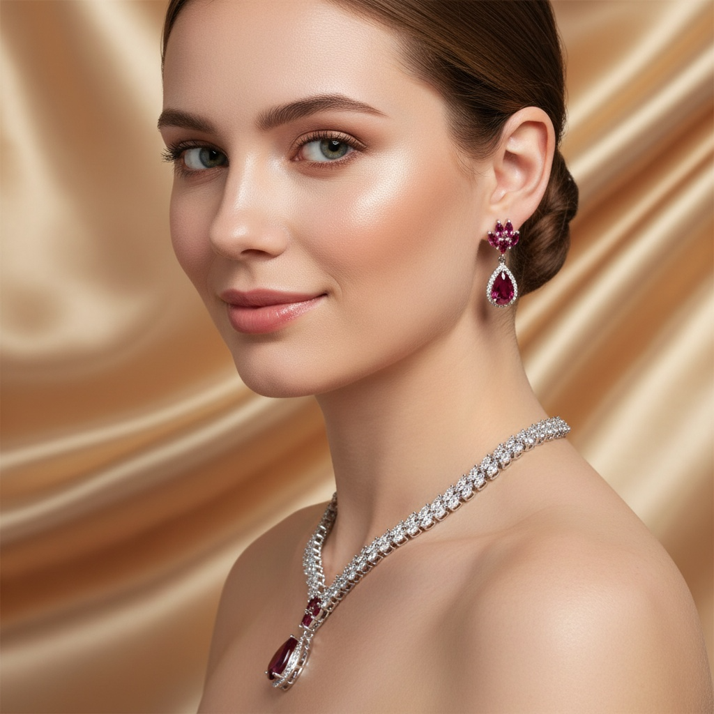 Silver/Multi-Color Jewelry Set For Women Necklace With Teardrop Shaped Cubic Zirconi Gift