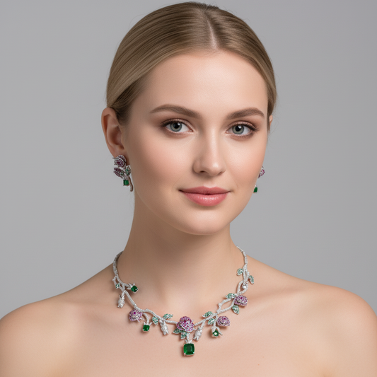 Luxury 14K Gold-Plated Copper Rose Jewelry Set with Pink & Emerald Cubic Zirconia and Micro-Pave Leaf Accents