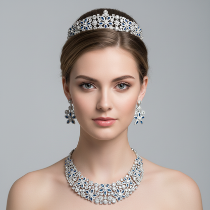 Luxury 14K Gold-Plated Copper CZ Jewelry Set with Floral Motif and All-Over Crystal Accents