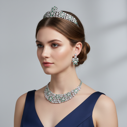 Luxury 14K Gold-Plated Copper CZ Jewelry Set with Floral Motif and All-Over Crystal Accents