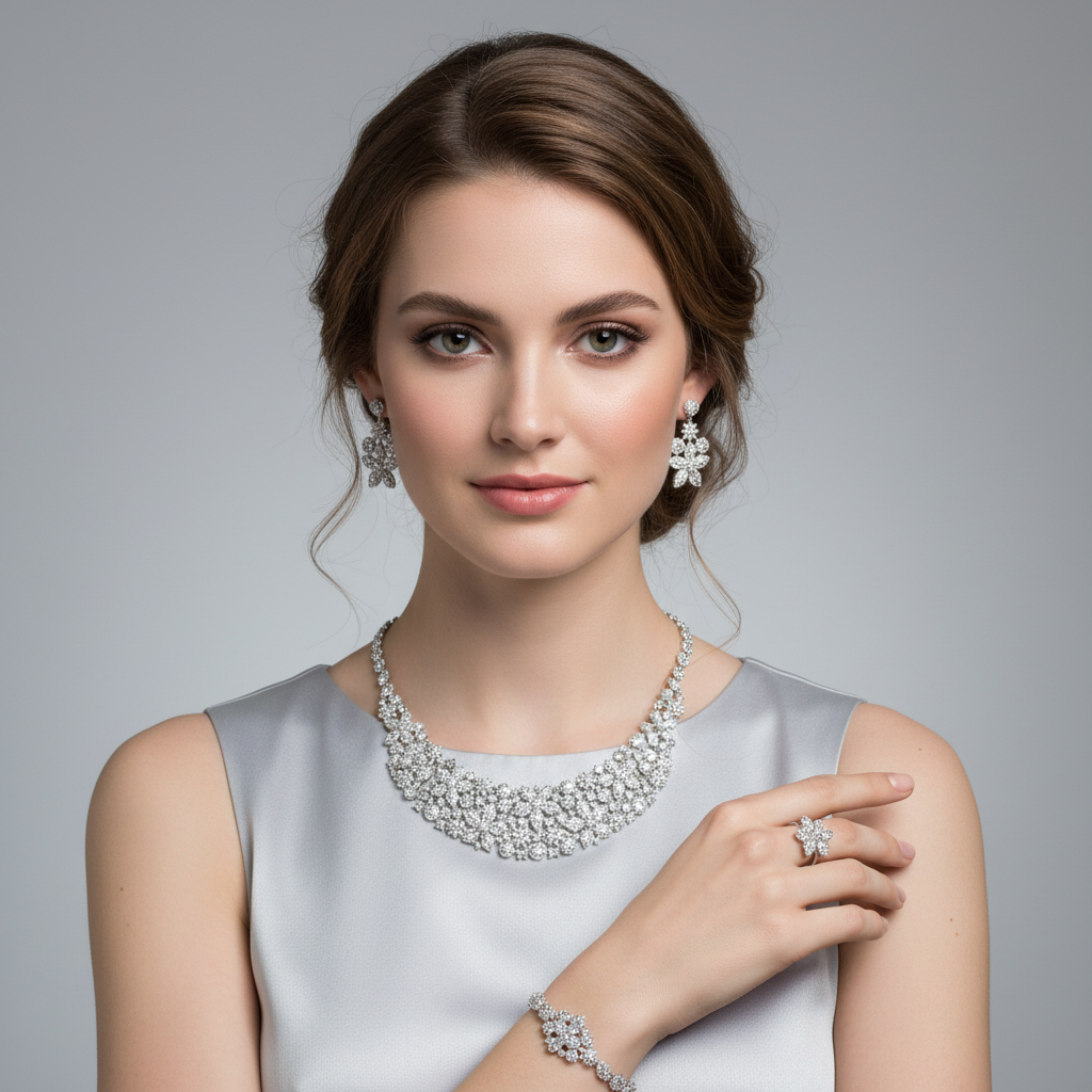 Luxury 14K Gold-Plated Copper CZ Jewelry Set with Floral Motif and All-Over Crystal Accents