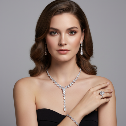 Elegant Rhodium-Plated Copper & Zircon Jewelry Set with Green Teardrop Gems and Pearl Accents