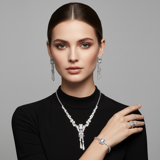 Luxury Rhodium-Plated Copper & CZ Jewelry Set with Multi Color 4pcs Tassel Dangling Necklace Earrings