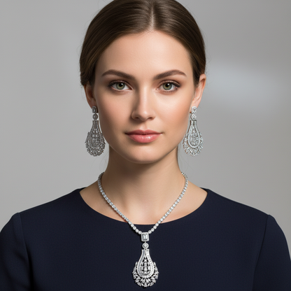 Elegant Rhodium-Plated Copper CZ Necklace & Earring Set with Multi-Color Gemstone Pendant & Crystal Halo Detailing