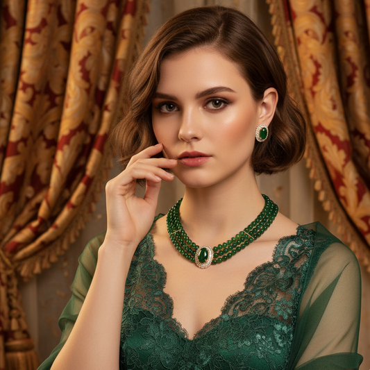 Green/White Bohemian Style Women Jewelry Set - Pearl Necklace Earring Rings Sets