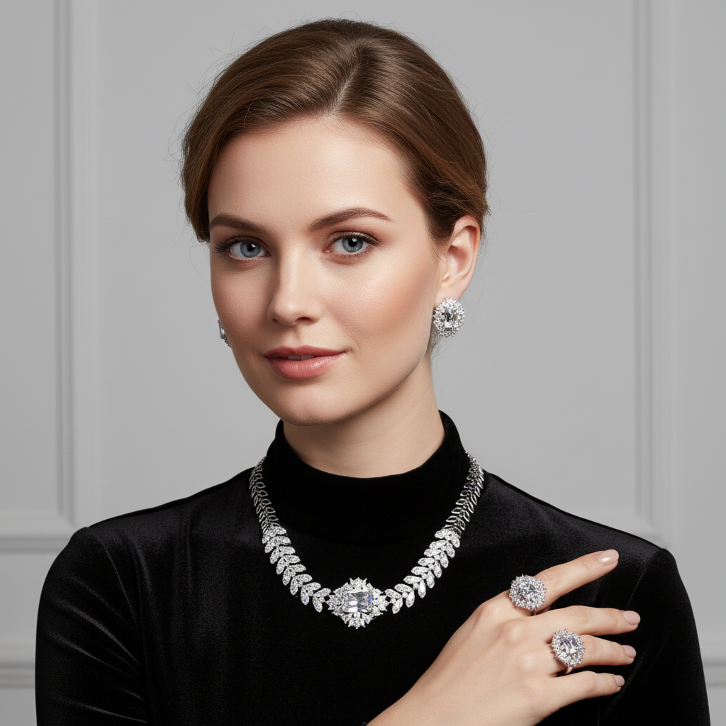 Elegant Rhodium-Plated Copper & CZ Jewelry Set with Emerald Green Zircon Accents and Leaf Motif Design
