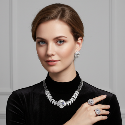 Elegant Rhodium-Plated Copper & CZ Jewelry Set with Emerald Green Zircon Accents and Leaf Motif Design
