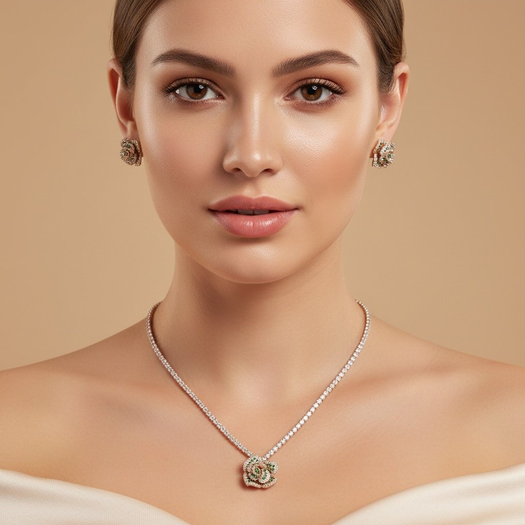 Sparkly Rose Pendant Charms Dangling Necklace Earring Bracelet Rings Sets Women Party Gift
