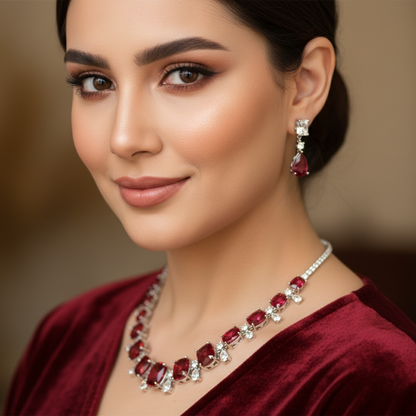 Multi-Color Luxury Cubic Zirconia Encrusted Teardrop Square Earrings Necklace Jewelry Set