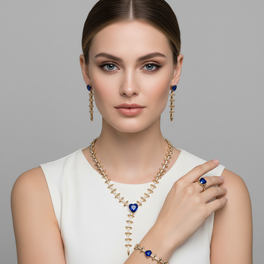 Luxury 14K Gold-Plated Copper & CZ Jewelry Set with Heart-Shaped Emerald Green Gems and Diamond Accents