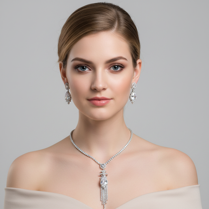 Elegant White Gold-Plated Copper Zircon Set with Red Gemstone Pendant and Crystal Fringe Detailing