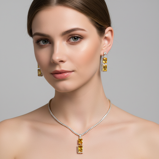 Luxury 14K Gold-Plated Copper CZ Necklace & Earrings Set with Emerald Green Centerpiece and Diamond-Cut Accents