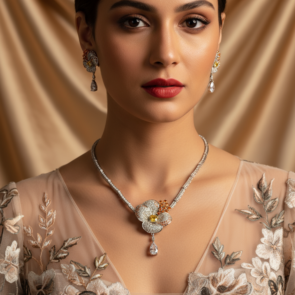 Gorgeous Hot Sale Big Flower Charm Pendant In Different Color Zircon Jewelry Sets For Women Girl Party Decoration