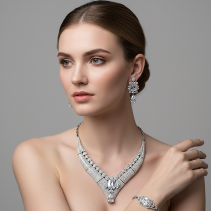 Luxury 14K Gold-Plated Copper & CZ Set with Emerald Green Gemstones and V-Necklace Design