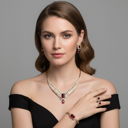 Luxury 14K Gold-Plated Copper & CZ Set with Emerald Green Gemstones and V-Necklace Design