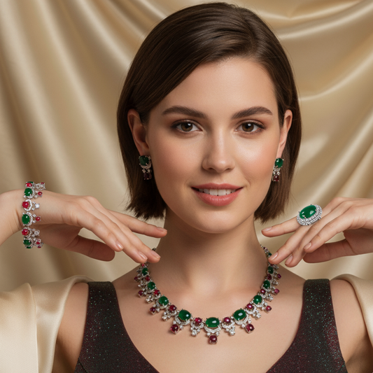 Elegant Colorful Green Beaded Retro Necklace Earring Bracelet Ring Jewelry Sets For Bridal Wedding Gift